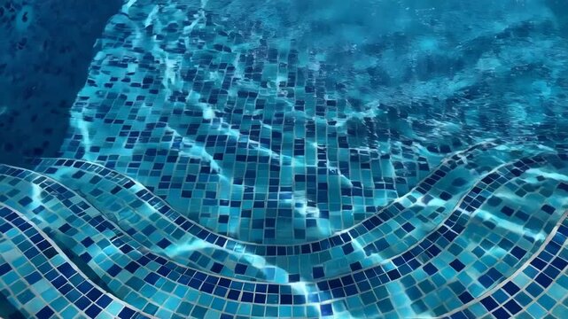 Close up of bright blue mosaic tile pattern under rippling water surface in a swimming pool or spa
