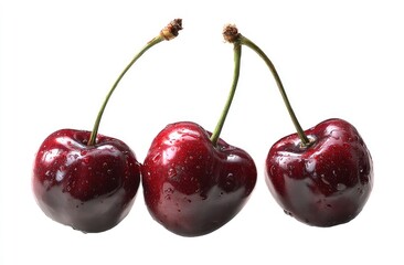 Three fresh, glistening cherries, with water droplets, arranged in a horizontal line against a white background