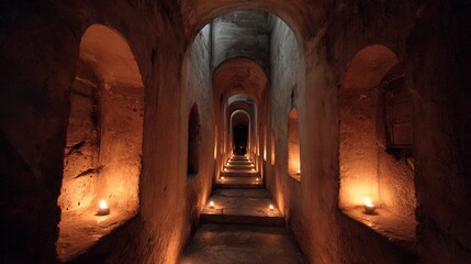 unanimity. A narrow stone corridor with arched niches lit by flickering candles, deep perspective. real-estate listings.