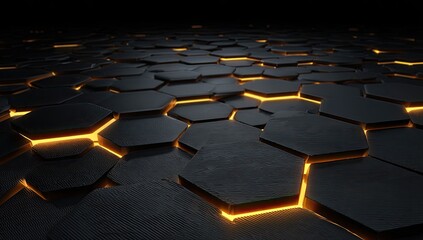 Obraz premium Dark hexagonal tiles with glowing seams, creating a modern futuristic pattern