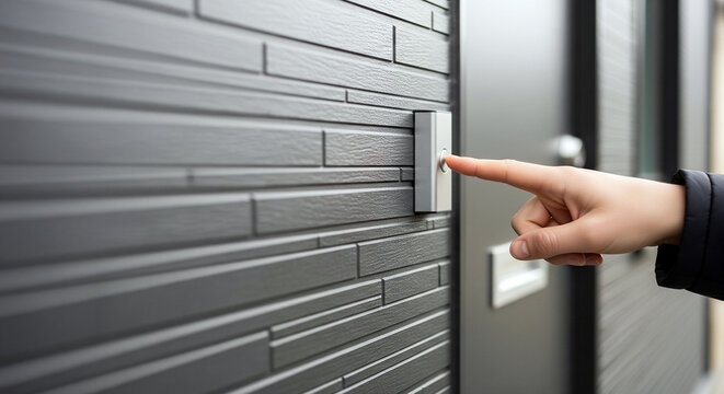 玄関のインターホンの呼び出しボタンを押そうとしている指のクローズアップと訪問のイメージ、コピースペース