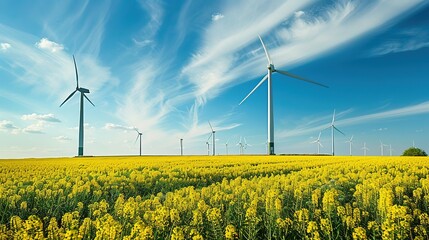 Wind Turbines in Yellow Flower Field Under Blue Sky. Ideal for sustainability, energy, and landscape-themed projects. Great for green energy visuals, rural content