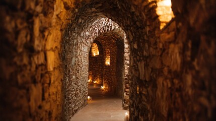 unanimity. A narrow stone corridor with arched niches lit by flickering candles, deep perspective. real-estate listings.