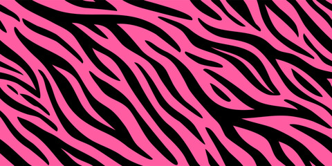 Fototapeta premium Seamless pattern with black, pink tiger stripes. Abstract animal print.