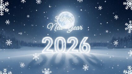 Happy New Year 2026: Glowing Text and Full Moon Over a Snowy Winter Landscape with Falling Snowflakes