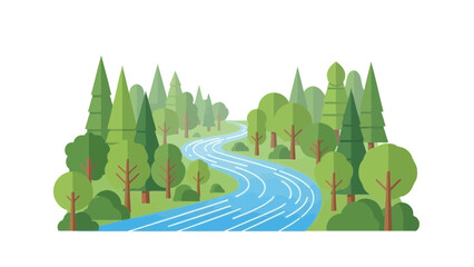 Obraz premium Cartoon landscape winding river between green trees, against a white background, flat illustration
