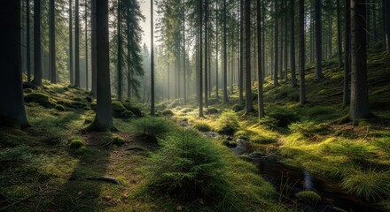 Fototapeta premium Sunlight streams through tall evergreen trees onto a mossy forest floor with a small brook
