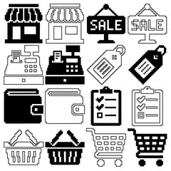 Set of pixel art shopping and e-commerce icons. Retro 8-bit style retail vector illustration containing cart, wallet, cash register, and sale signs.