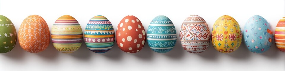 Colorful row of intricately decorated Easter eggs against a white background