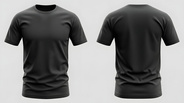 Blank black t-shirt mock-up, front and back view. Apparel design template for branding and fashion concepts.