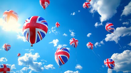 Obraz premium 92.A vibrant vector illustration of multiple Union Jack balloons floating in a bright blue sky with scattered fluffy white clouds, the balloons reflecting sunlight and swaying gently in the breeze.