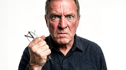An angry, frustrated older man with a red face clenches eyeglasses in his fist, looking intensely at the camera against a white background.