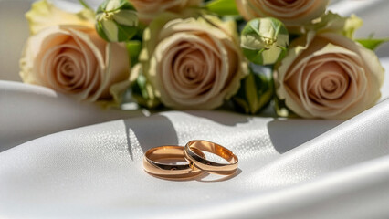 Elegant Wedding Bands and Rose Flowers, Symbolizing Romance and Commitment