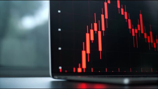 A close-up view of a stock market chart displaying fluctuating prices with red candlesticks indicating a downward trend.
