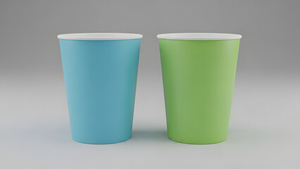 Two blank paper cups, one blue and one green, with white lids. Disposable drinkware mock-up for branding.