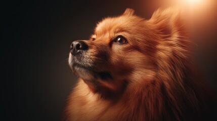 A close-up portrait of a fluffy Pomeranian dog, showcasing its expressive eyes and warm fur against a dark background, illuminated by a soft light.