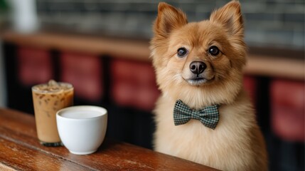 A stylish Pomeranian dog with a bow tie sits at a cafe table next to a cup of coffee and iced drink, exuding charm and personality.