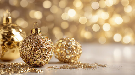 Three gold ornaments are on a table