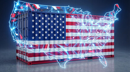 American flag container with glowing USA network outline. Use for tech infrastructure, national logistics, supply chain strategy & innovation storytelling.