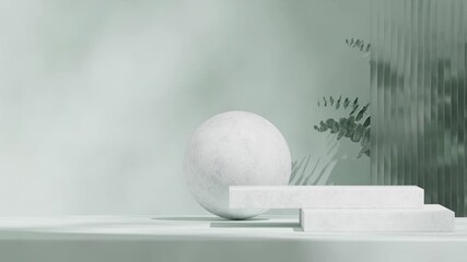 white concrete block podium looping seamless shadow animation with mint wall, glass, eucalyptus, rendering 3d footage empty space - Powered by Adobe