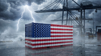 American flag container at stormy port with lightning. Use for risk management messaging, maritime logistics challenges, emergency planning & dramatic editorial storytelling.
