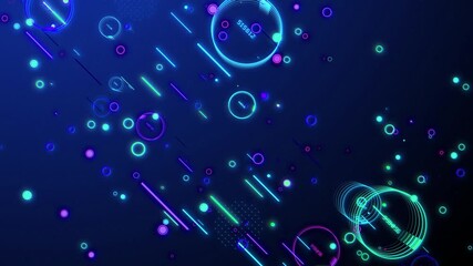 Abstract digital background neon lights glowing circles futuristic technology motion particles dark blue space science data flow animation - Powered by Adobe
