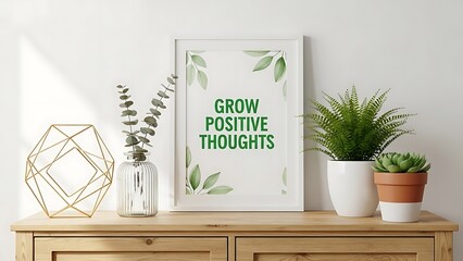 Framed Motivational Quote Grow Positive Thoughts with Plants and Decor.