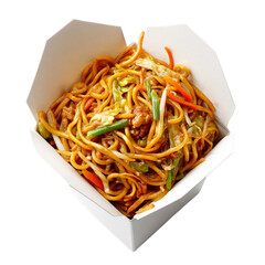 Chinese Takeout Fried Noodles Chow Mein on a white background