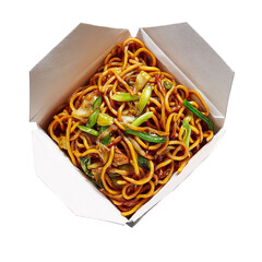 Chinese Takeout Fried Noodles Chow Mein on a white background