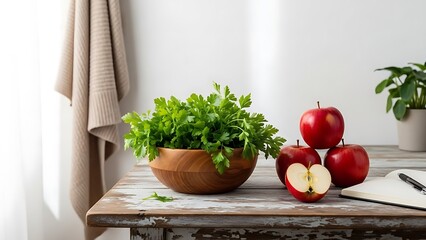 Fresh Parsley in Wooden Bowl with Red Apples on Rustic Table.