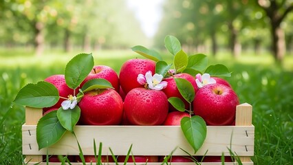 Fresh Red Apples in Wooden Crate with Green Leaves and Blossoms.