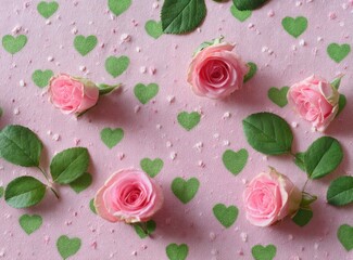 Roses & green hearts on soft pink; floral motif for love, romance, Valentine's