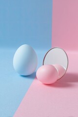 Fototapeta premium Egg and mirror, pastel background divided blue/pink, reflecting eggs' color