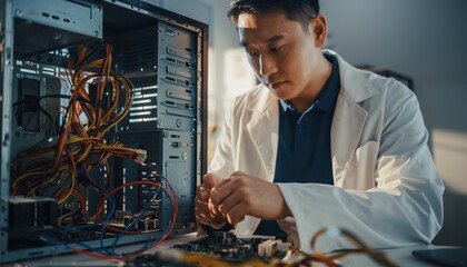 A technician in a lab coat works on a computer, repairing its internal components while surrounded by tangled wires and machinery.