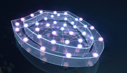 Obraz premium A digital shield design featuring interconnected nodes and lights, symbolizing cybersecurity and network protection in a modern context.