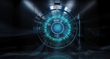 A futuristic vault door featuring a glowing digital interface, set in a dark environment, suggesting high security and advanced technology.