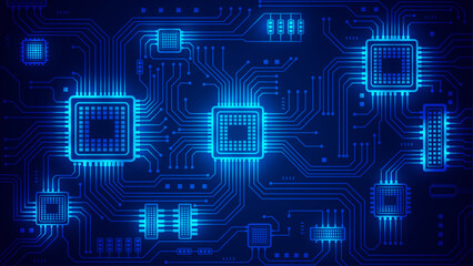 Abstract Blue Technology Background With Glowing Central Microchip And Digital Circuit Lines