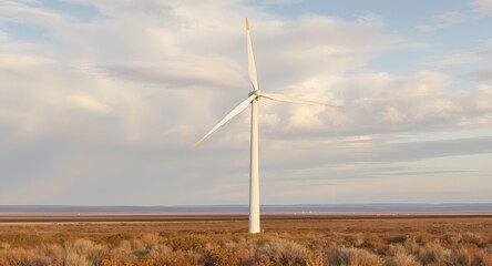 Fototapeta premium A solitary wind turbine stands tall against a backdrop of expansive landscapes and soft clouds, symbolizing renewable energy and sustainability.