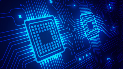 Abstract blue circuit board background with glowing digital lines and central microchip