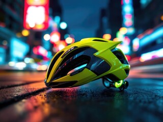 Fototapeta premium Lime cycling helmet on wet street at night