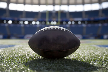 Close-up of a black American football on vibrant artificial turf, with a blurred stadium backdrop and dramatic lighting, showcasing sharp details and textures.