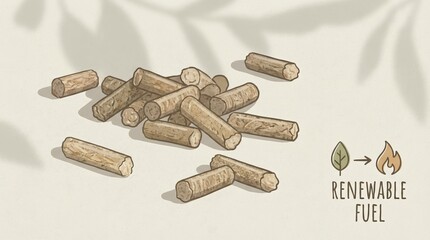 The image shows a pile of wood pellets, illustrating their use as renewable fuel, with a leaf and flame icon indicating sustainability.