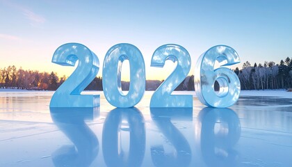 Icy 2026 numbers on frozen lake, winter landscape