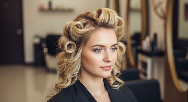 Blonde woman with hair in rollers in a beauty salon setting