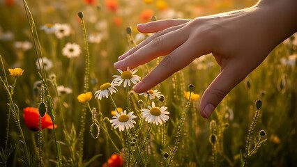 Gentle Hand Brushing Through Wildflowers at Sunset.