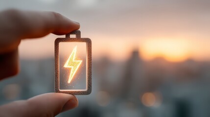 Power Icon in Focus: A hand delicately holds a miniature battery icon with a vibrant lightning bolt symbol, representing power and energy. Focus on electricity and technology.