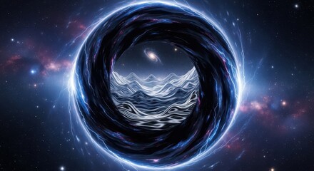 Intense cosmic energy surrounds a swirling toroidal anomaly revealing an otherworldly landscape