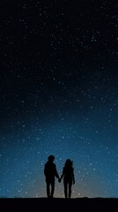 Obraz premium Couple silhouetted holding hands under night sky full of stars