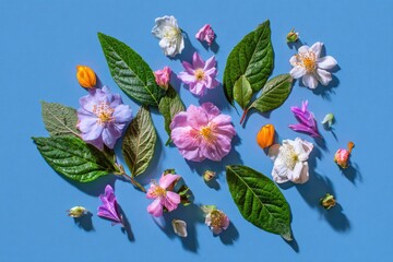 Flowers and leaves scatter on a blue backdrop in a bright flat lay