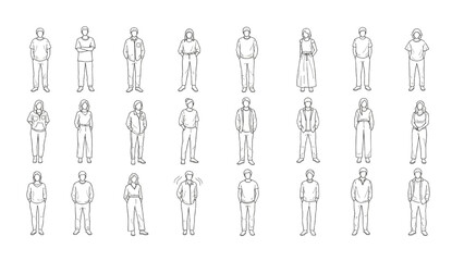 Fototapeta premium Diverse Stylized Monochrome Illustrations of Standing People Representing Various Individuals in a Minimalist Vector Art Collection